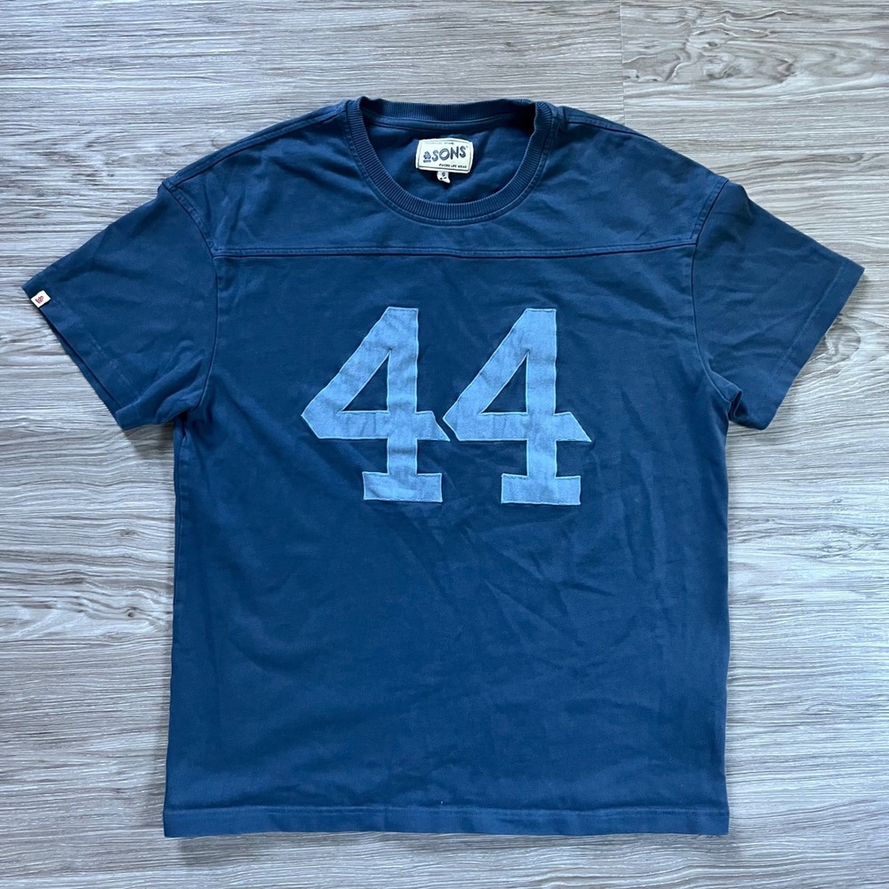 &SONS Trading Co Mens 44 Graphic T-Shirt Navy Blue Organic Cotton Small